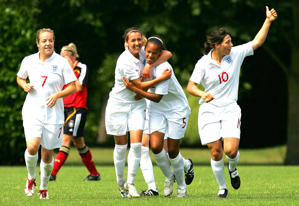 England U23 players celebrate a goal.